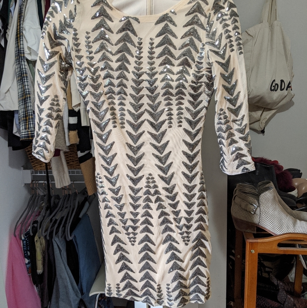Nude, sequined body con mini dress